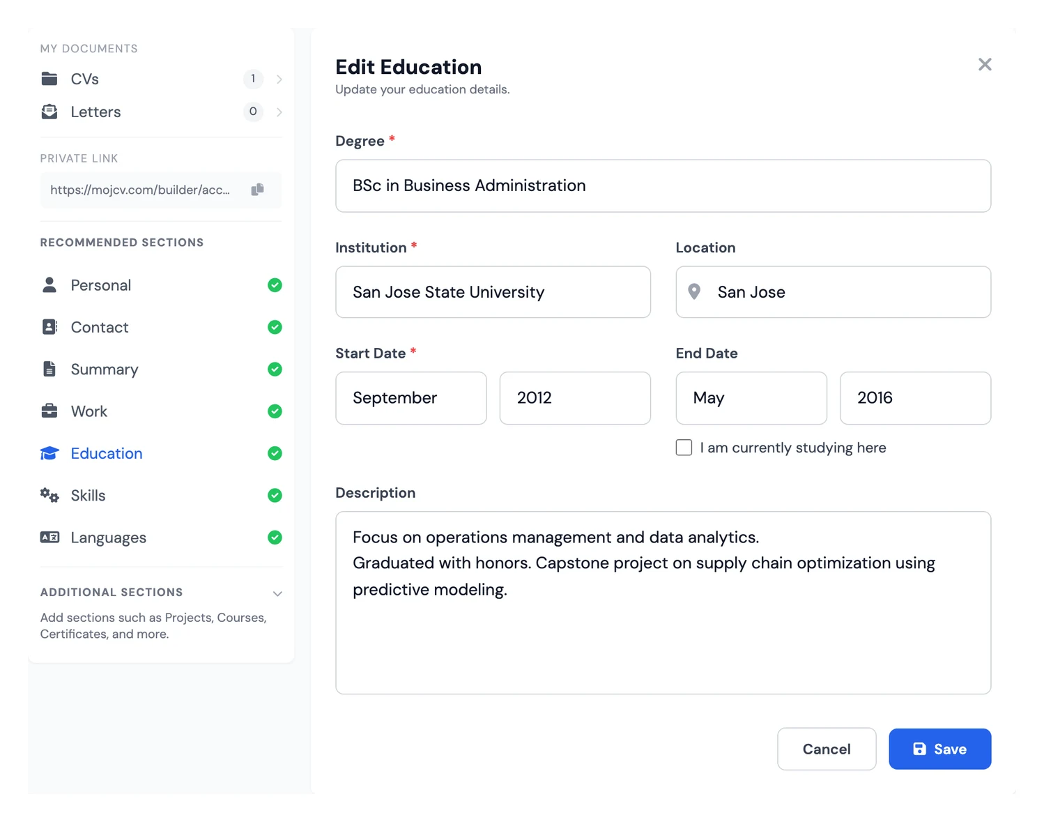 Education section in a free CV and resume builder