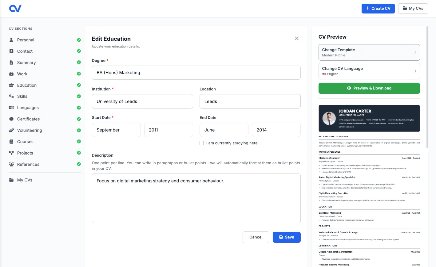 Rubrique Formation dans le builder de CV avec diplôme, établissement et dates