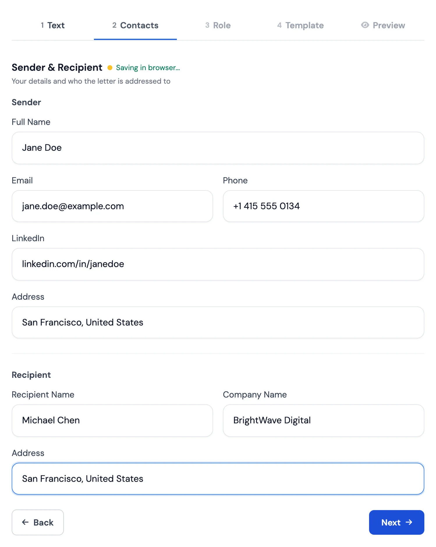 The Contacts step in the MojCV cover letter builder with sender and recipient fields