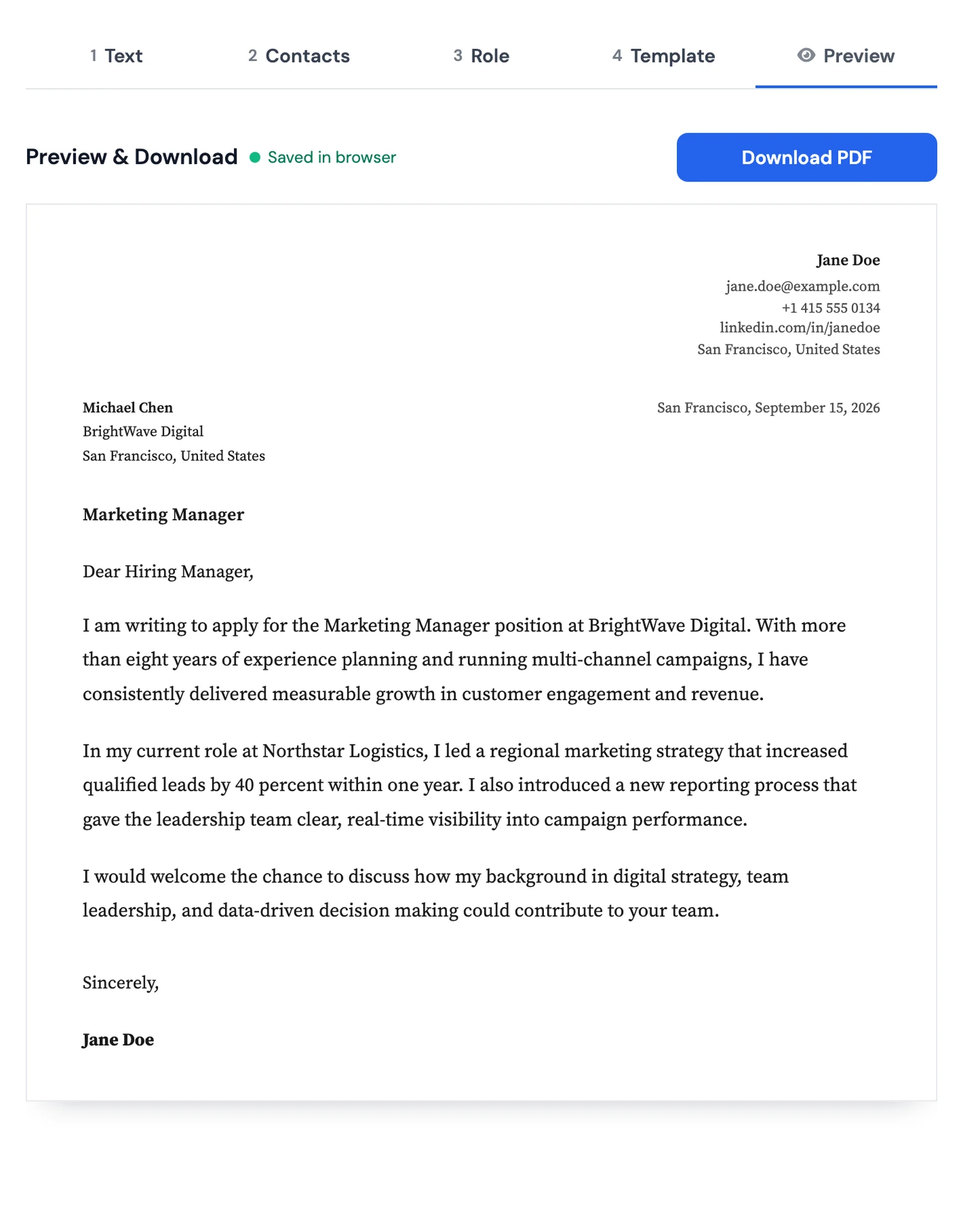 The Preview and Download page for a cover letter in MojCV, showing the finished letter and Download PDF button