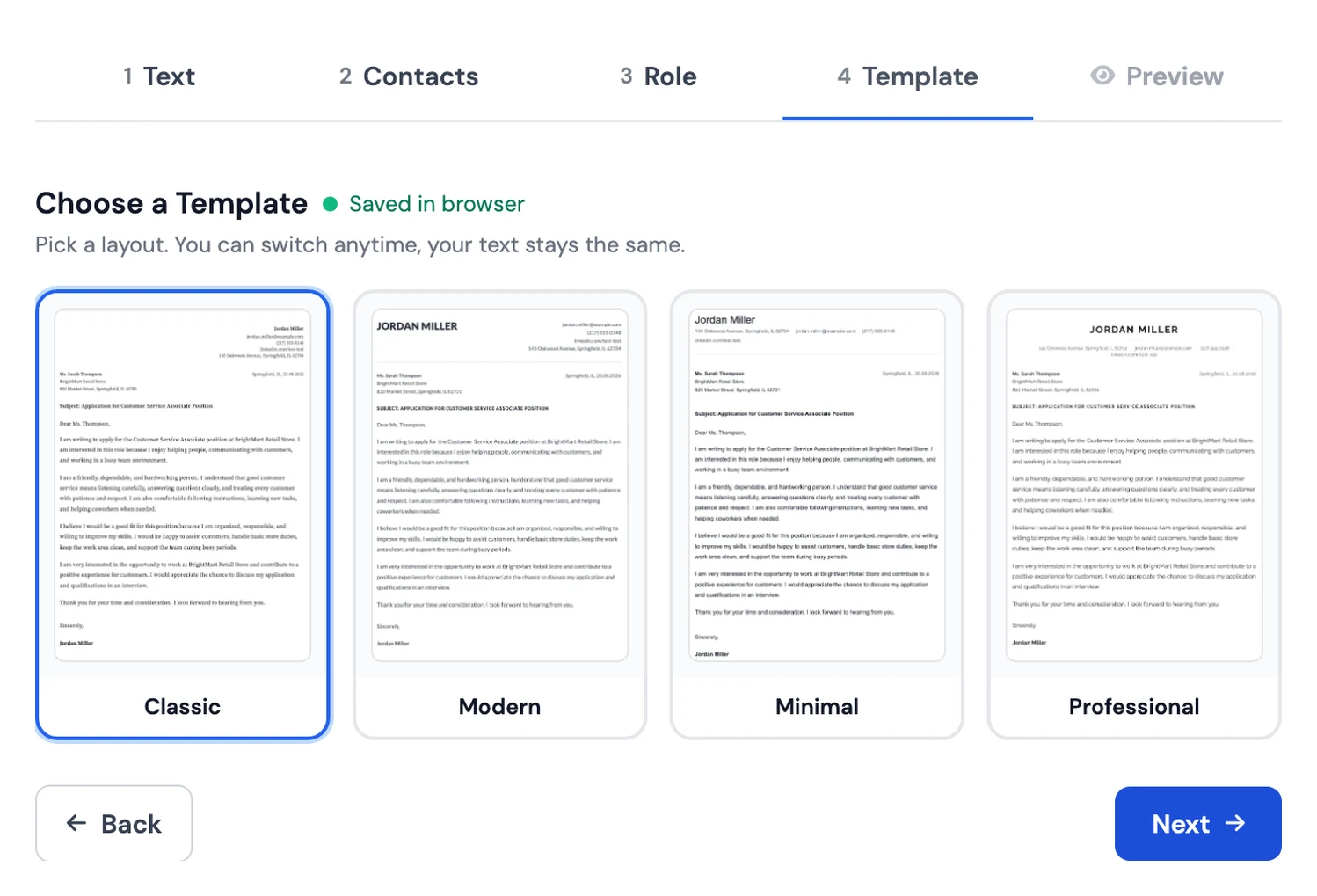 The Choose a Template step in the MojCV cover letter builder with Classic, Modern, Minimal, and Professional layouts
