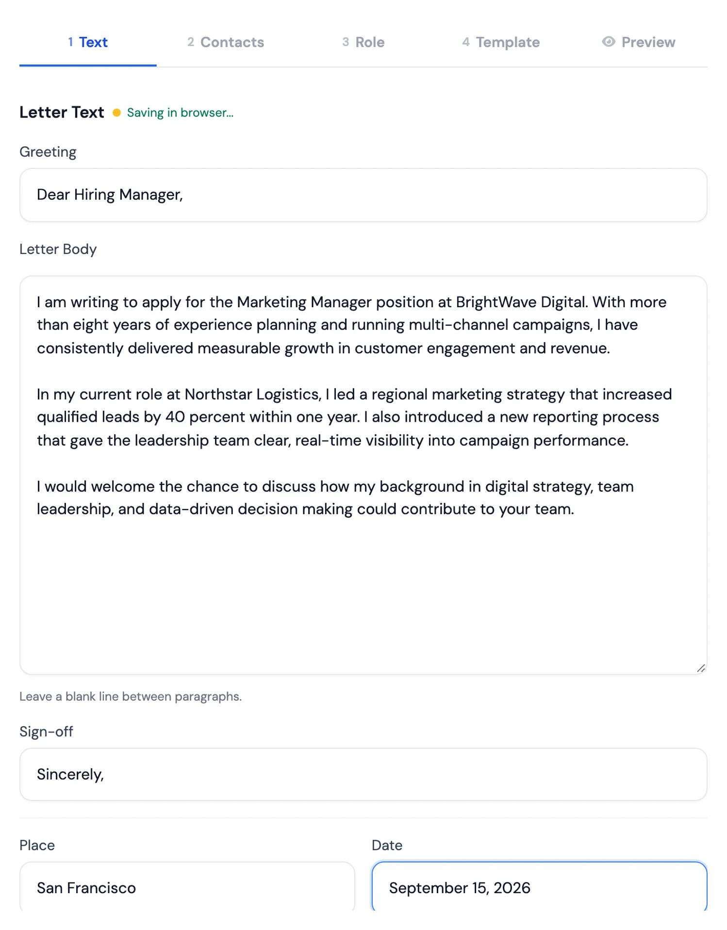 The Letter Text step in the MojCV cover letter builder with greeting, letter body, and sign-off fields