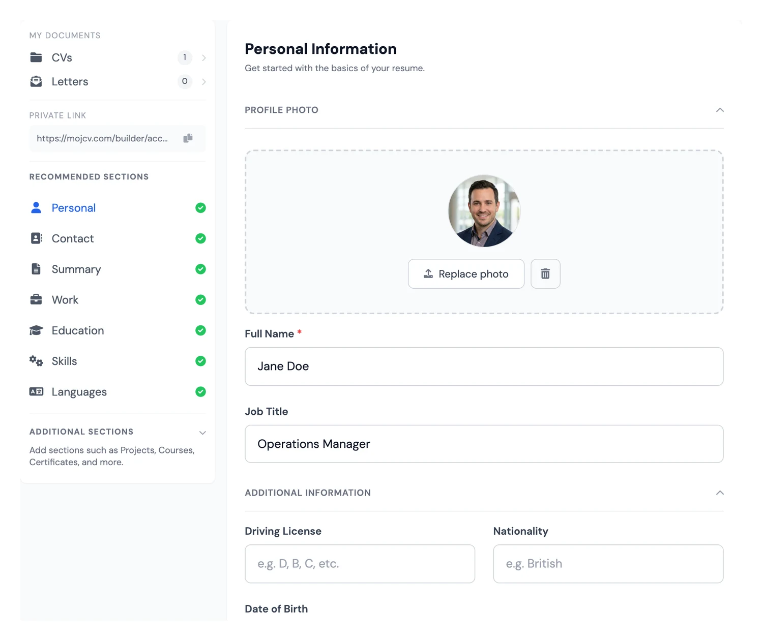 The Personal section of the MojCV builder with name and contact fields