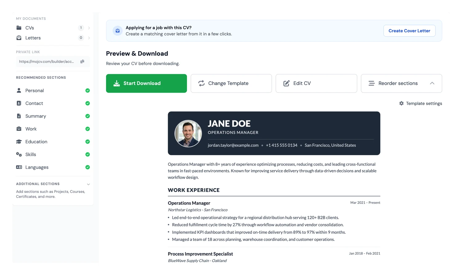 The Preview and Download page in MojCV with Start Download, Edit CV, and Change Template buttons above the CV preview
