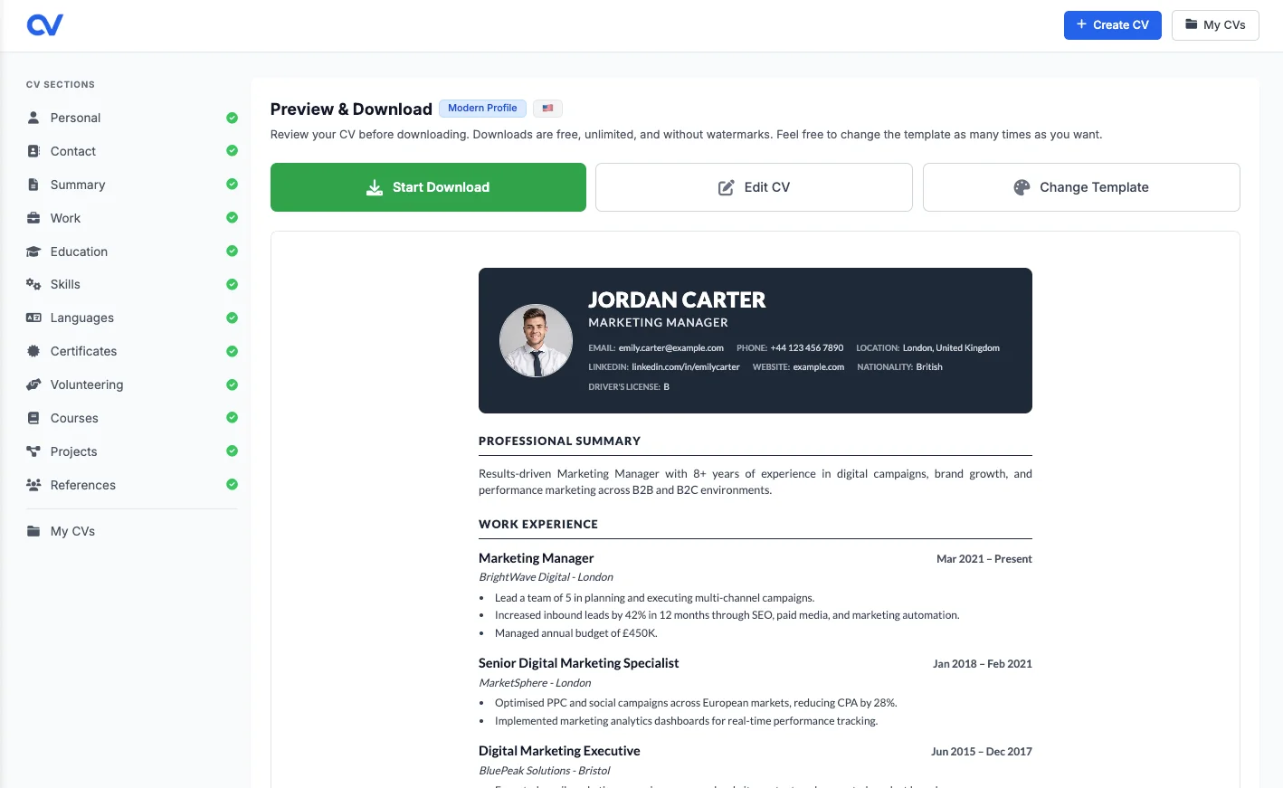 Option d'ajout de photo dans le builder de CV avec variantes avec et sans photo