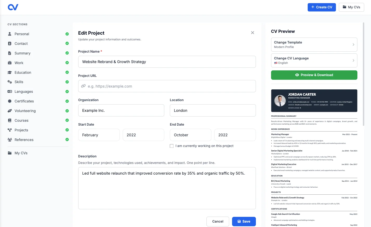Rubrique Projets dans le builder de CV avec nom, description, lien et période