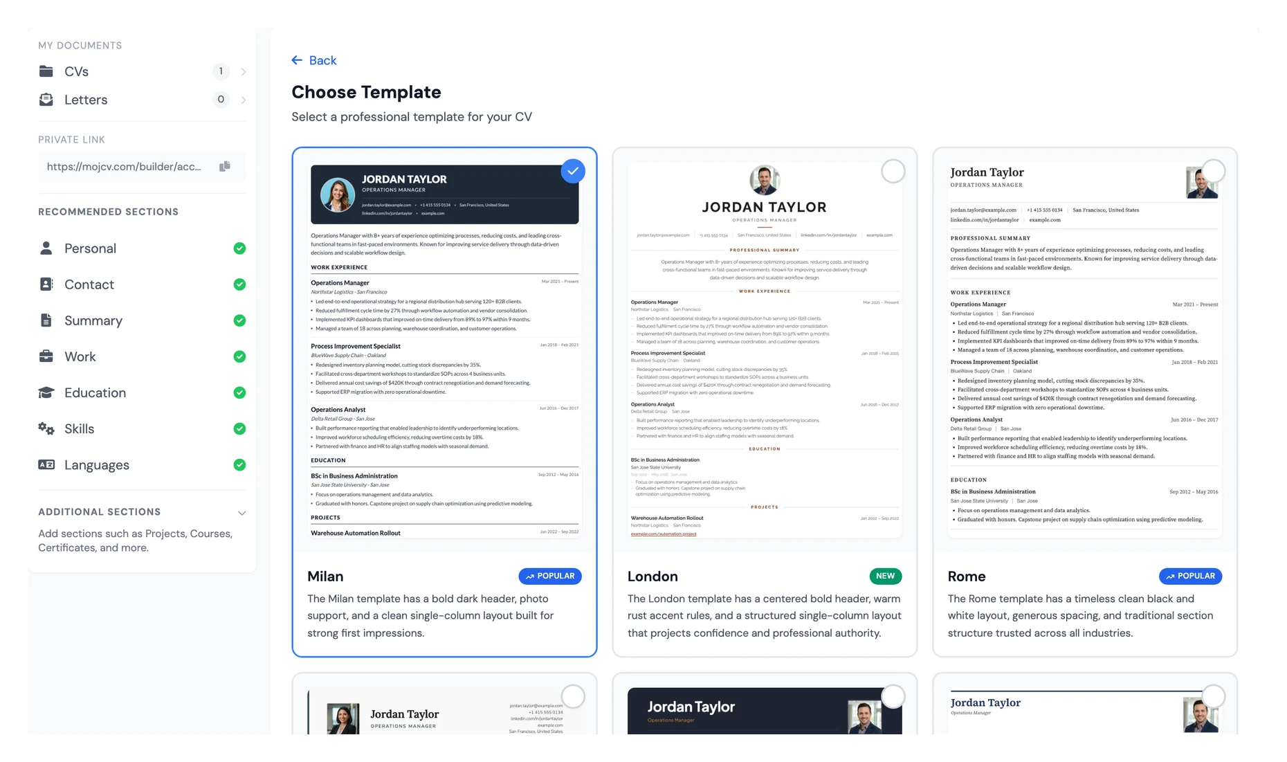 The Choose Template screen in the MojCV builder with template previews and the CV Sections menu on the left