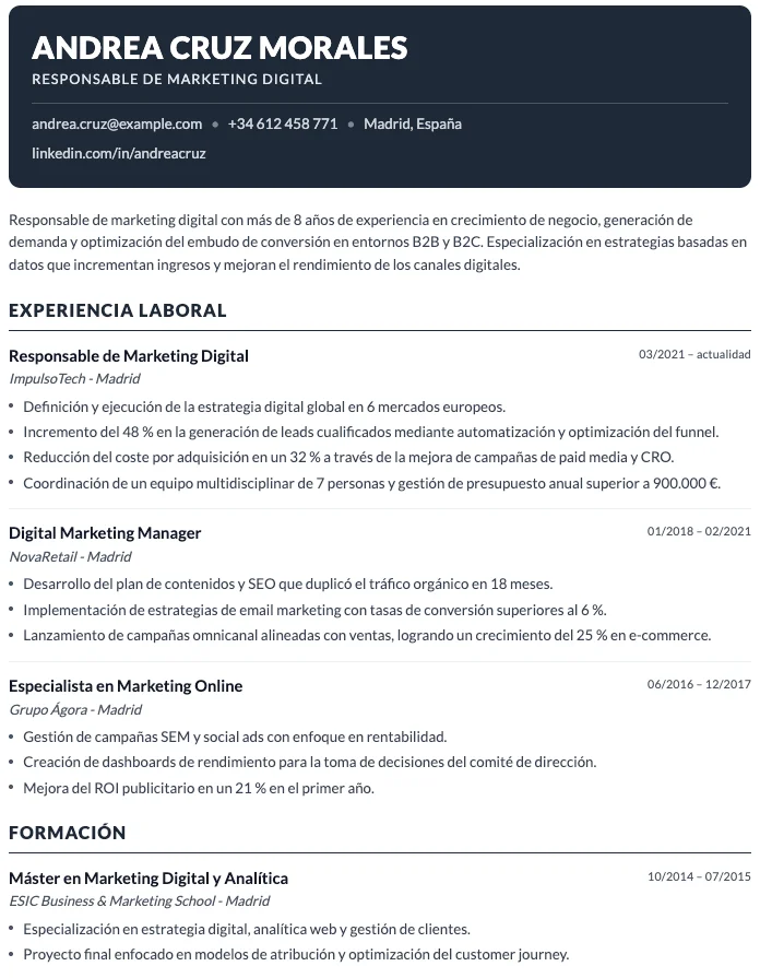 Gestión de las secciones del currículum vitae en el creador de CV online gratuito