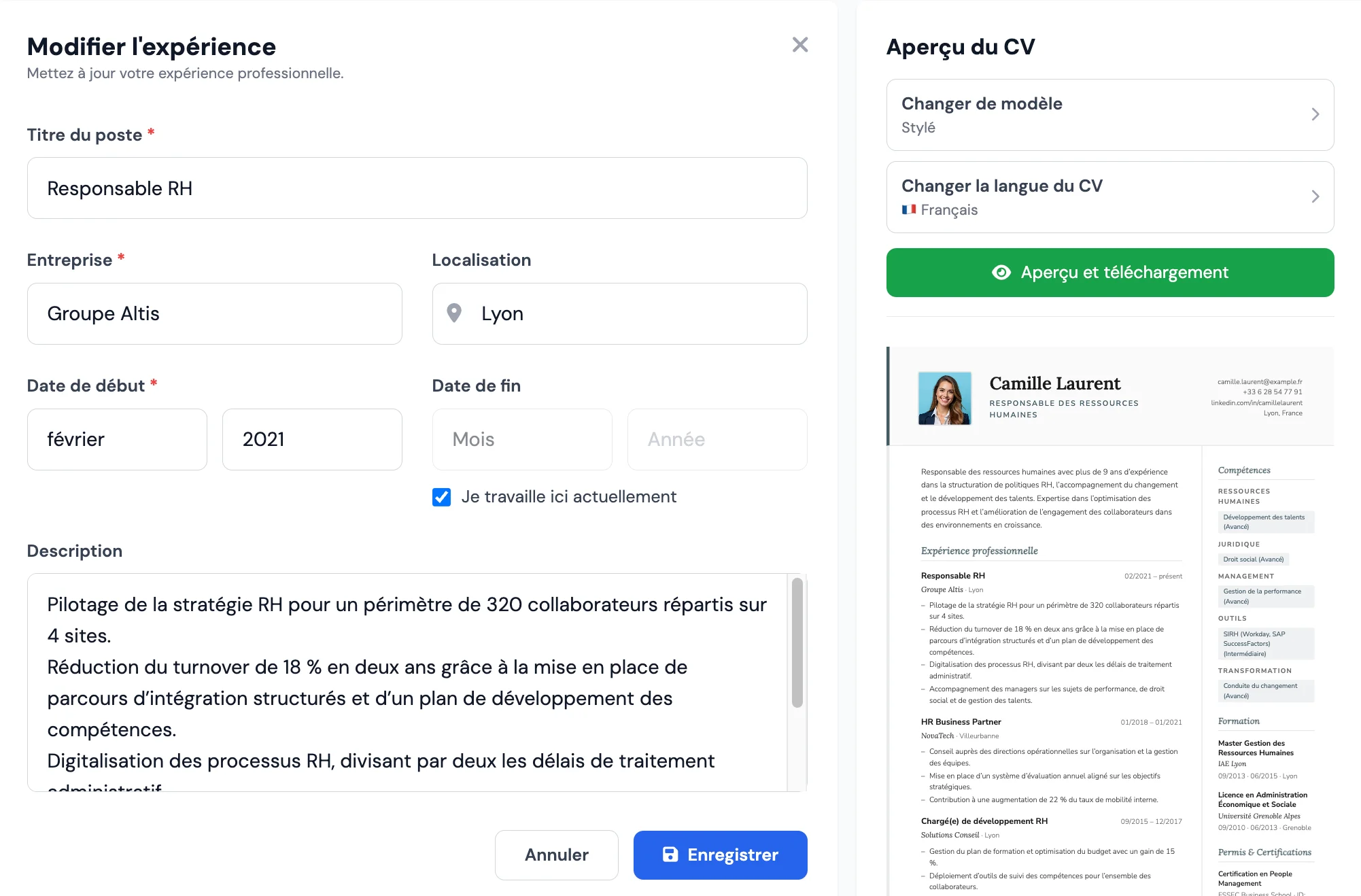 Rubrique expérience professionnelle dans le créateur de CV MojCV