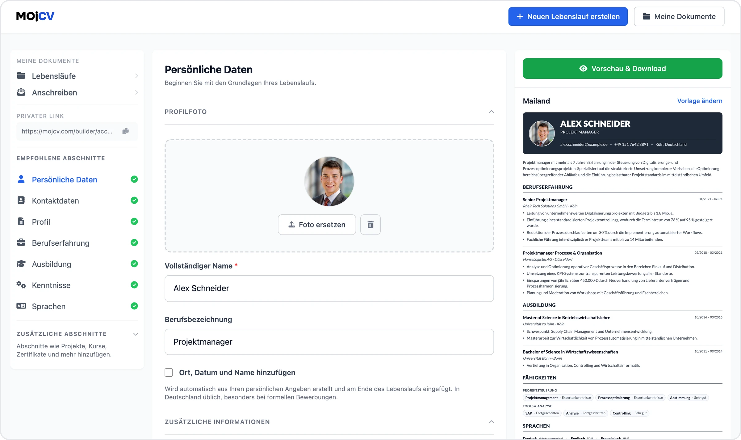 MojCV Interface mit einem fertigen professionellen Lebenslauf als PDF-Download
