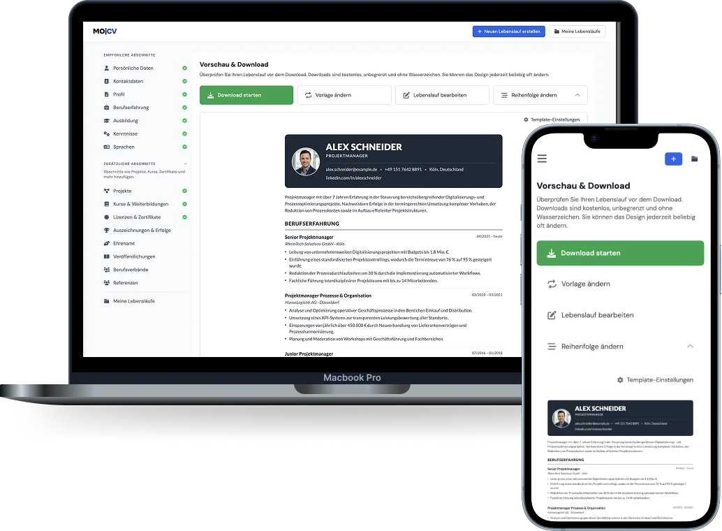 MojCV Interface mit einem fertigen professionellen Lebenslauf als PDF-Download