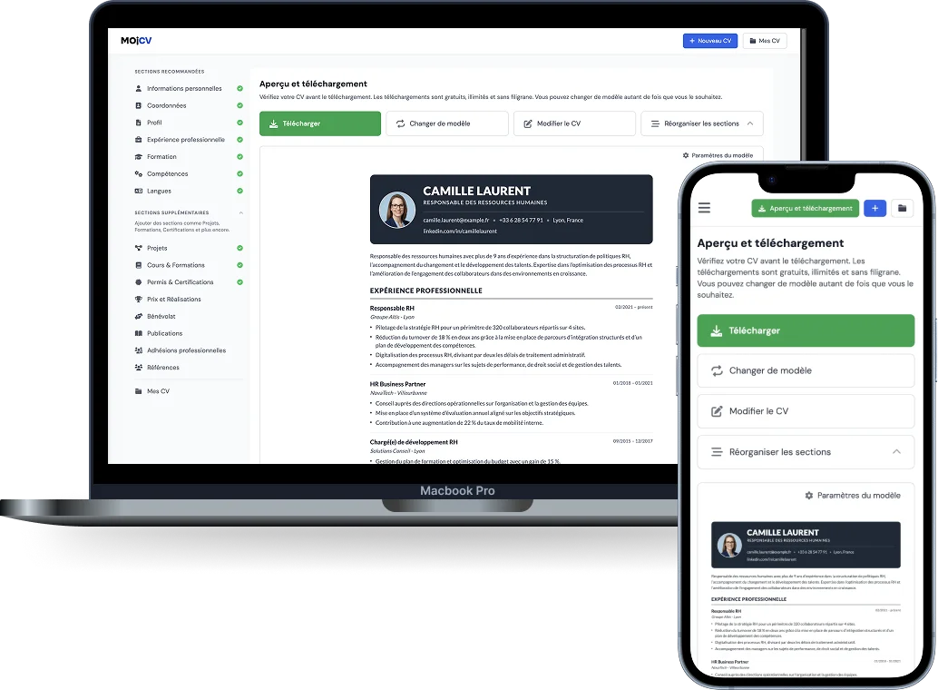 MojCV créateur de CV gratuit, sans inscription, sans paywall, téléchargement PDF instantané