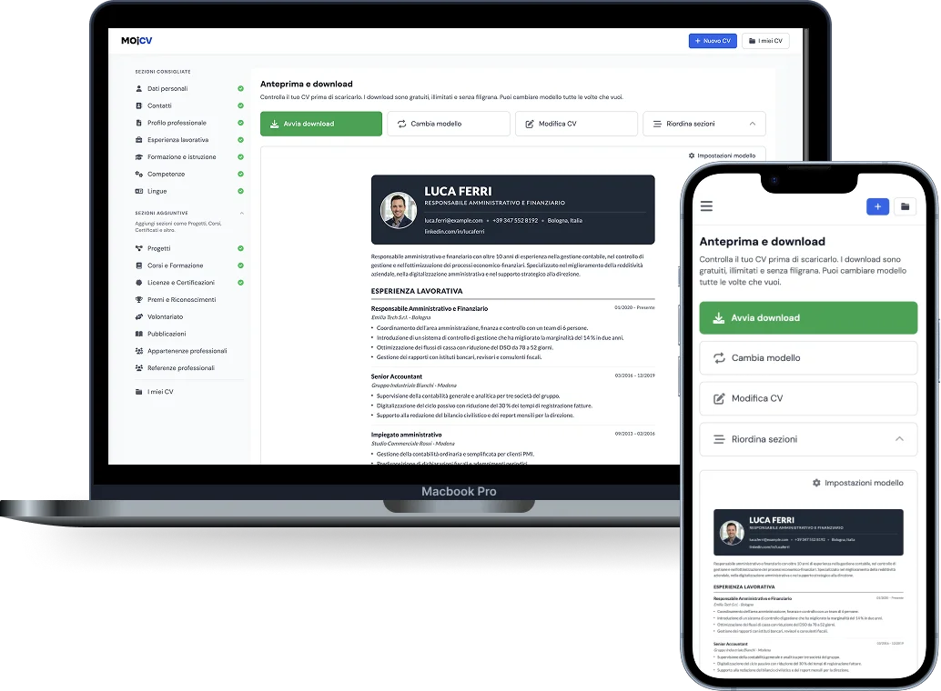 Interfaccia dell'editor di curriculum MojCV che mostra un CV professionale pronto per il download