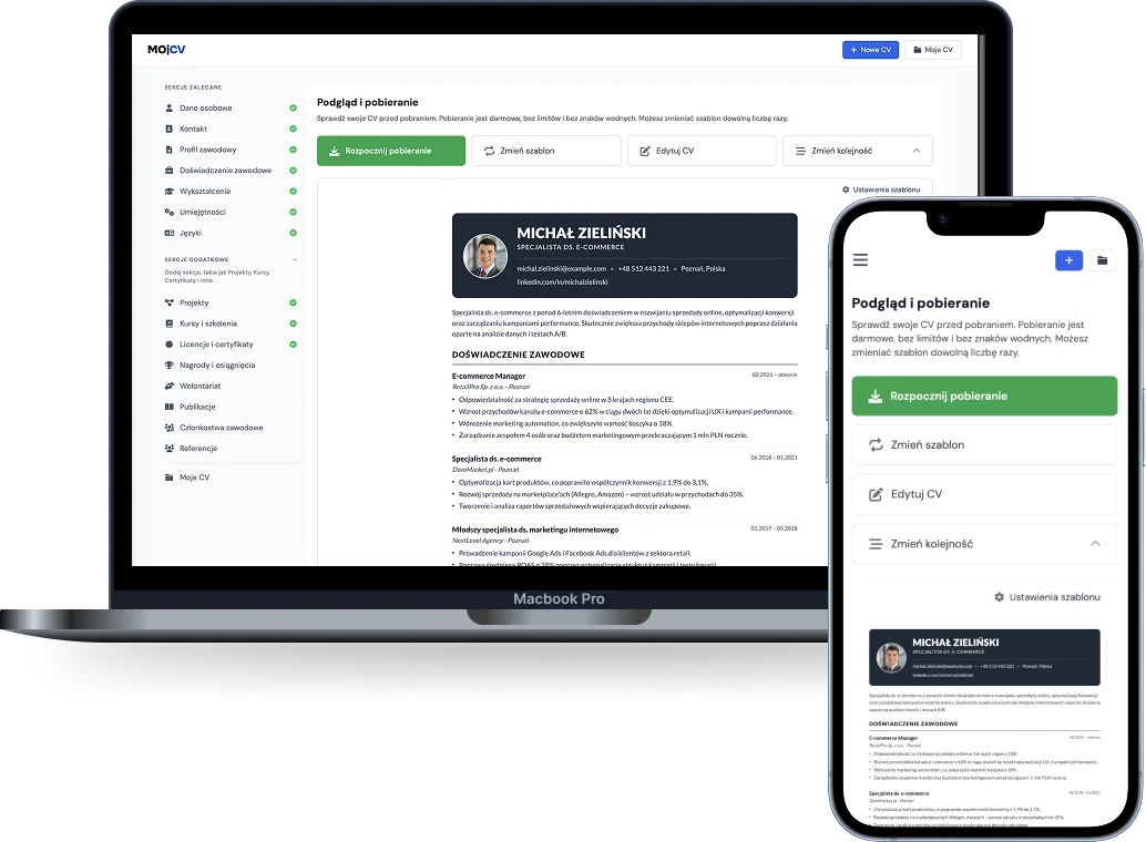 Interfejs kreatora MojCV pokazujący profesjonalne CV gotowe do pobrania