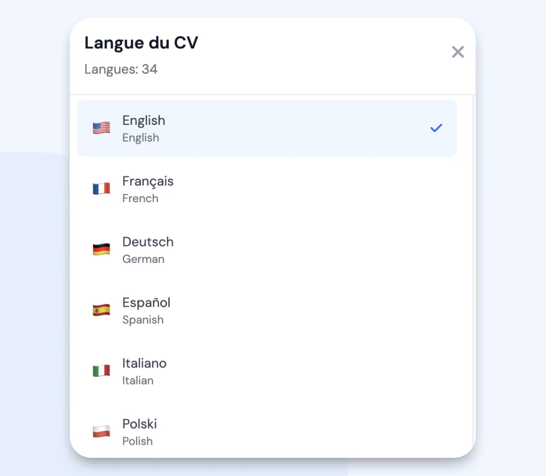 Menu de changement de langue dans l'éditeur MojCV