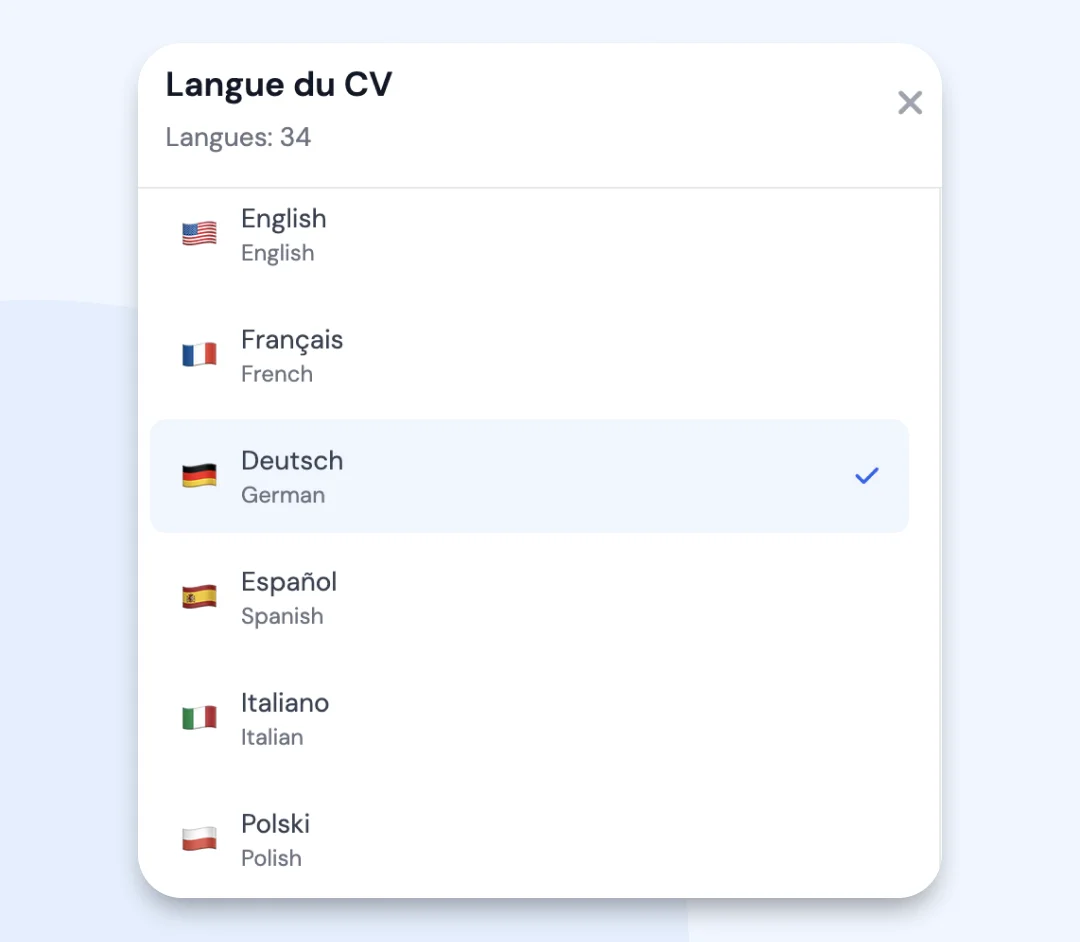 Menu de changement de langue dans l'éditeur MojCV