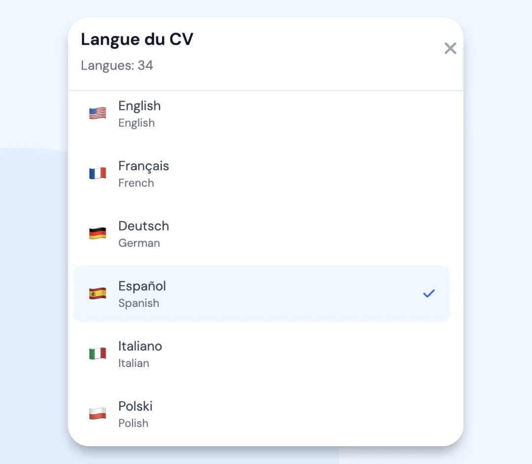 Menu de changement de langue dans l'éditeur MojCV