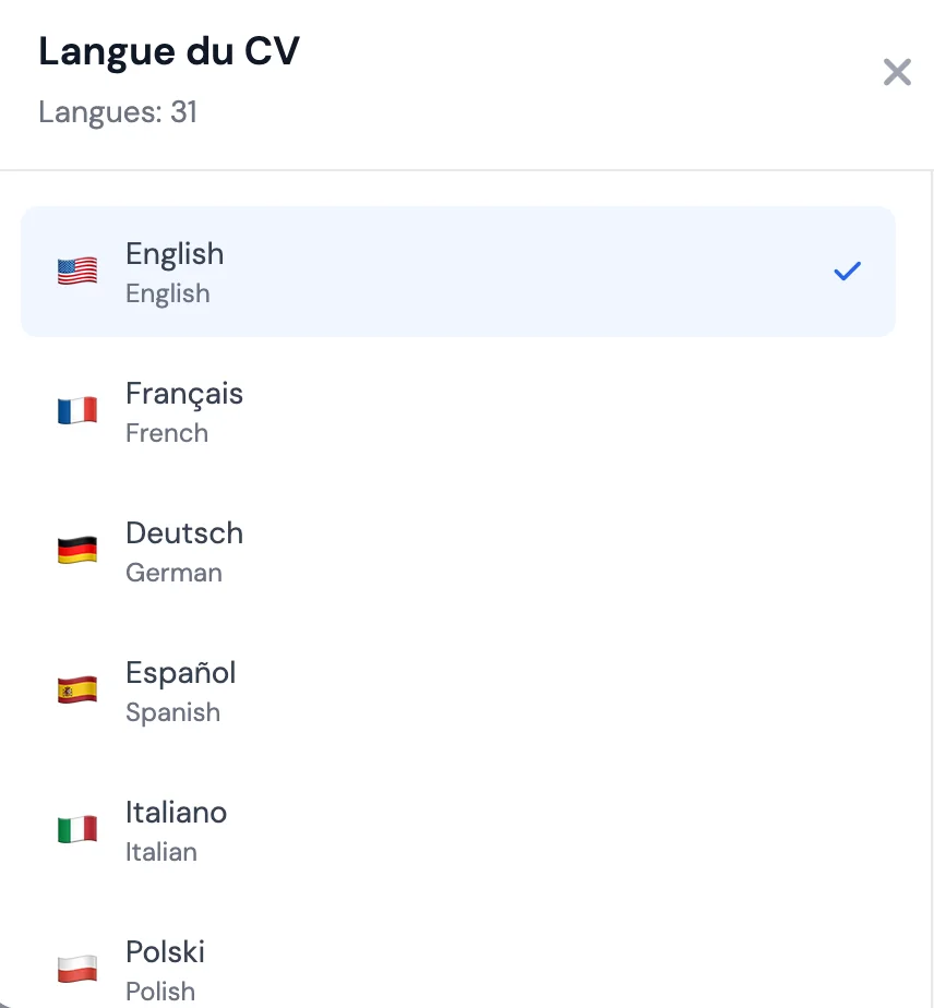 Menu de changement de langue dans l'éditeur MojCV