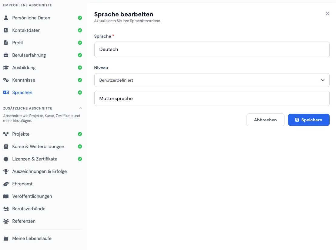 Sprachen-Sektion im kostenlosen Online-Lebenslauf-Editor