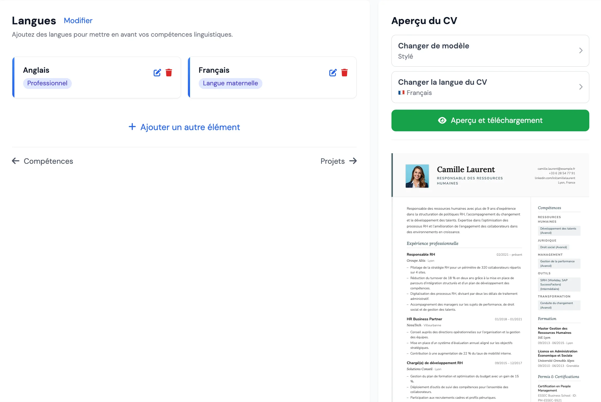 Rubrique langues dans le CV sur MojCV