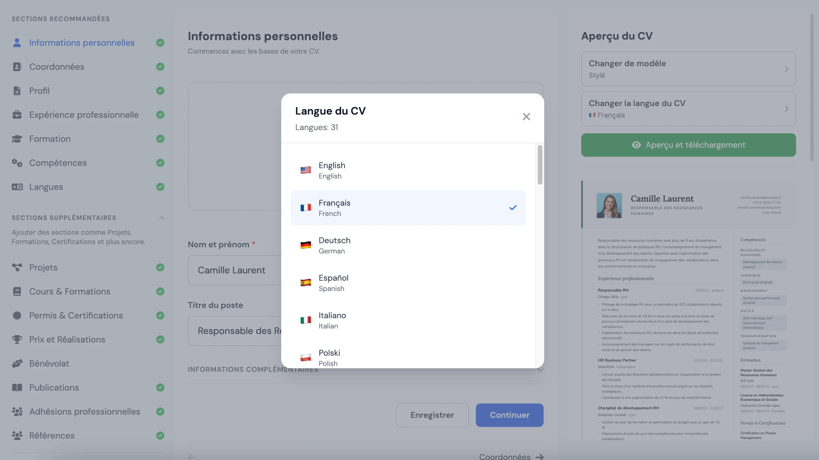 Langues disponibles dans l'éditeur MojCV