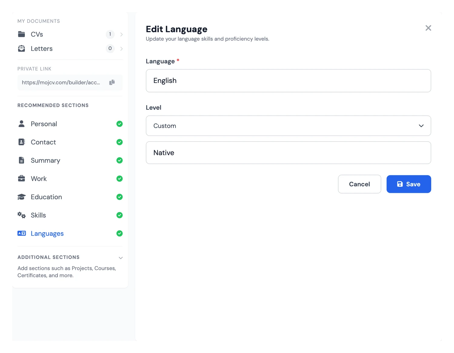 Languages section in a free CV and resume creator