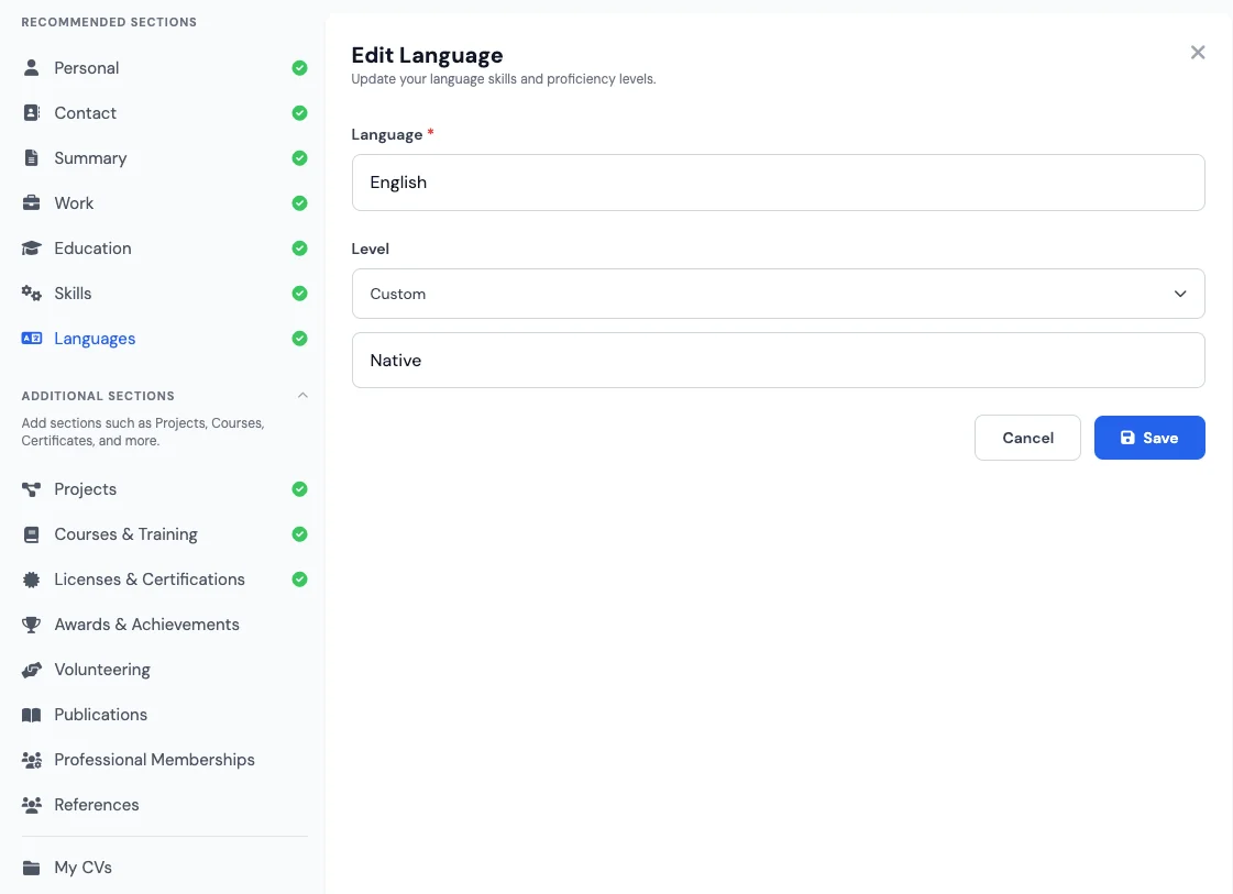 Languages section in a free CV and resume creator