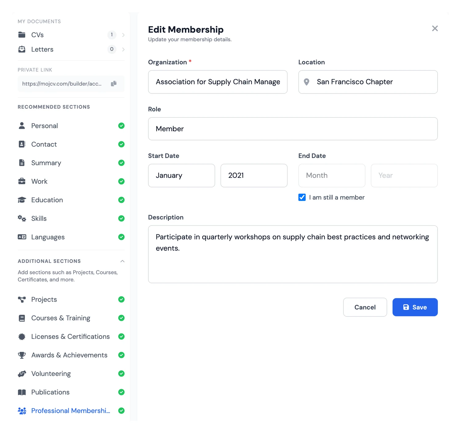 Professional memberships section in an online CV creator