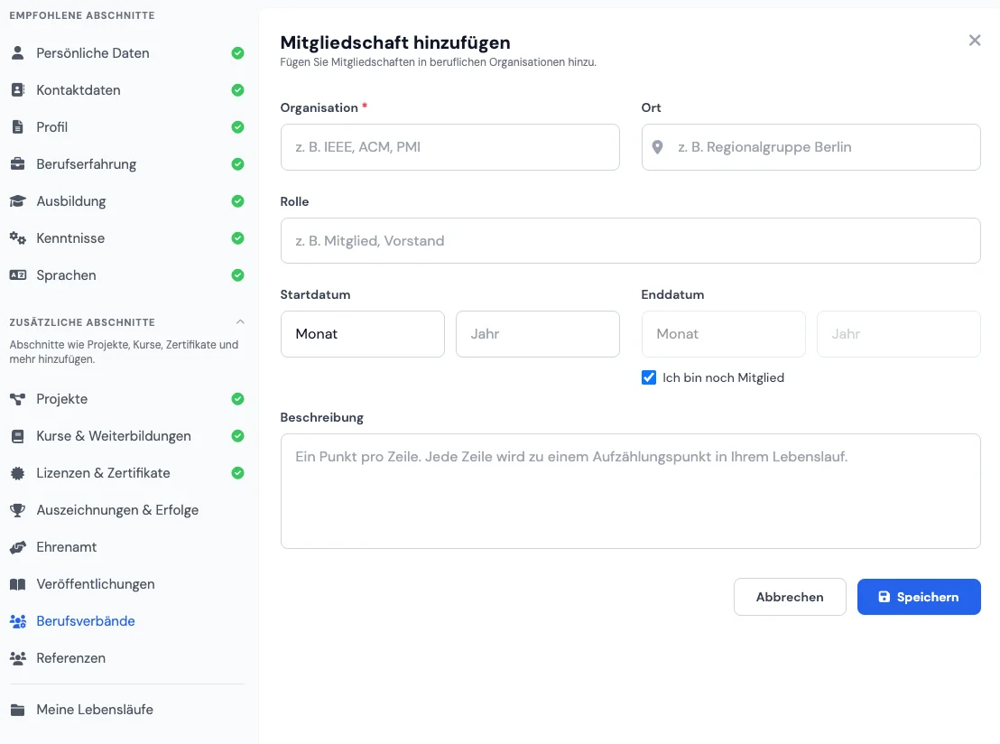 Sektion Berufliche Mitgliedschaften im Online-Lebenslauf-Editor