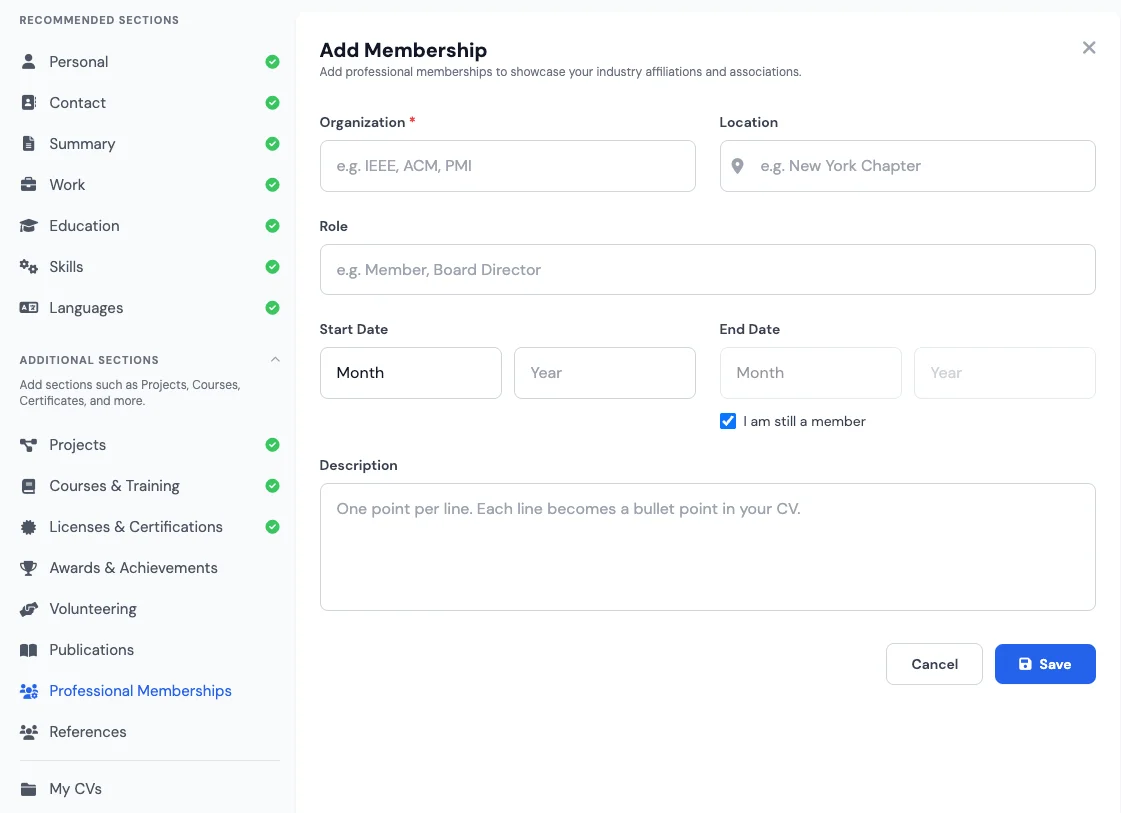 Professional memberships section in an online CV creator
