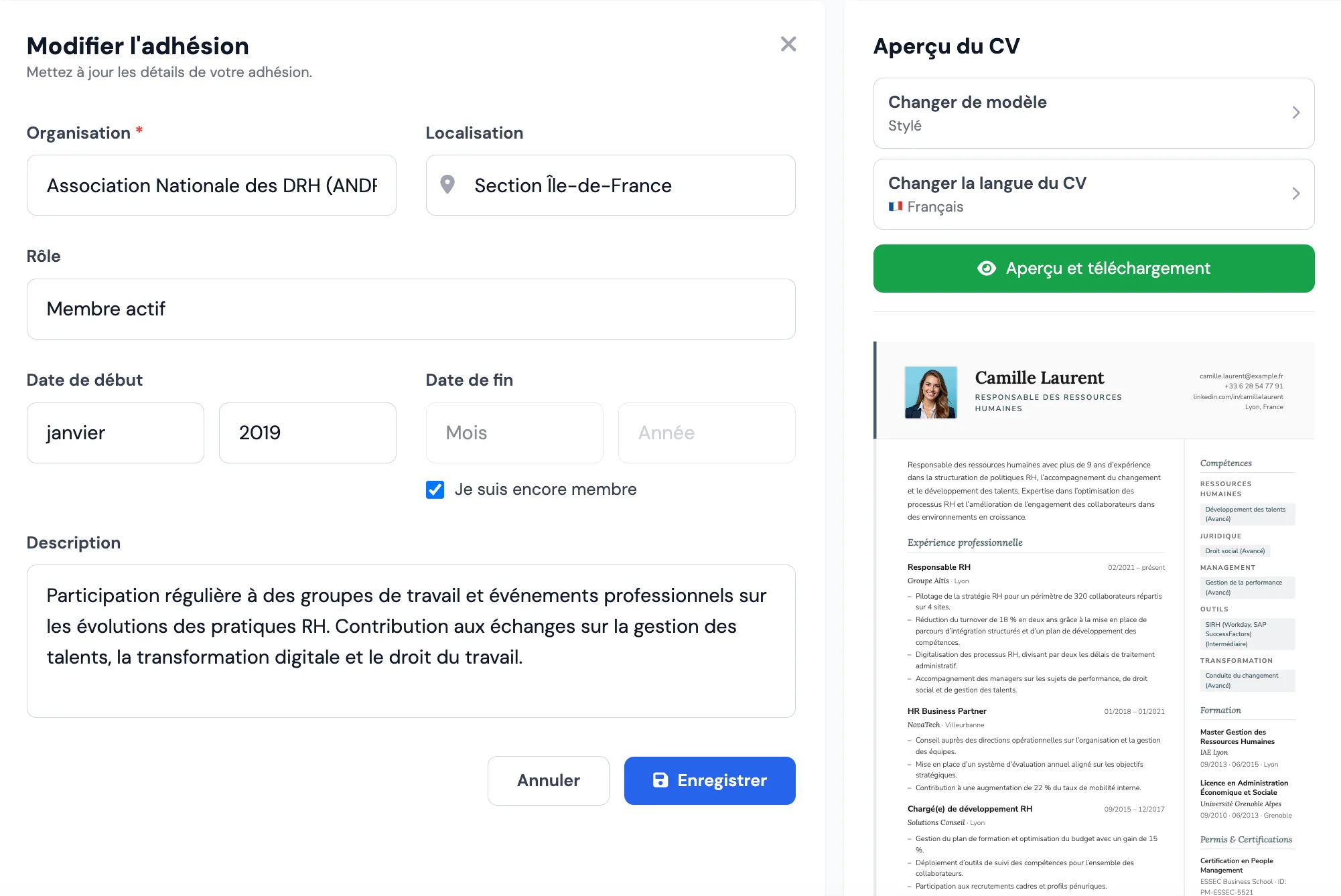 Rubrique adhésions professionnelles dans le CV sur MojCV