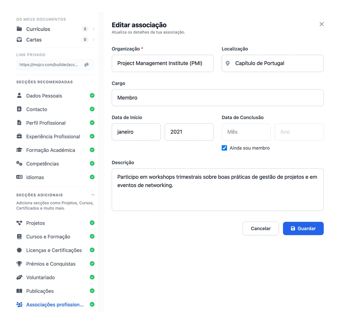 A secção Associações Profissionais no criador de CV online