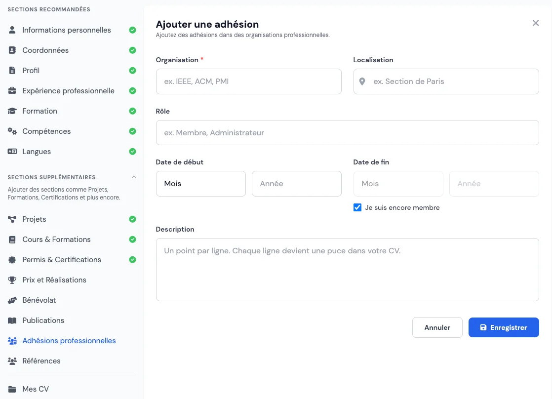 Rubrique adhésions professionnelles dans un éditeur de CV en ligne