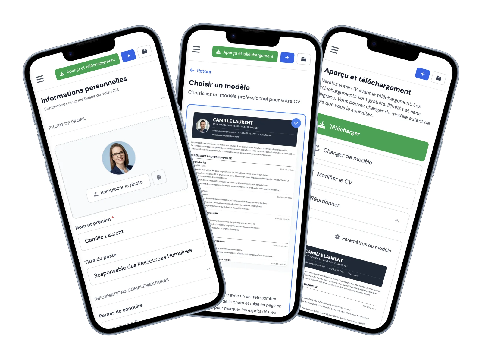 Créateur de CV mobile gratuit sur MojCV, éditeur affiché sur smartphone