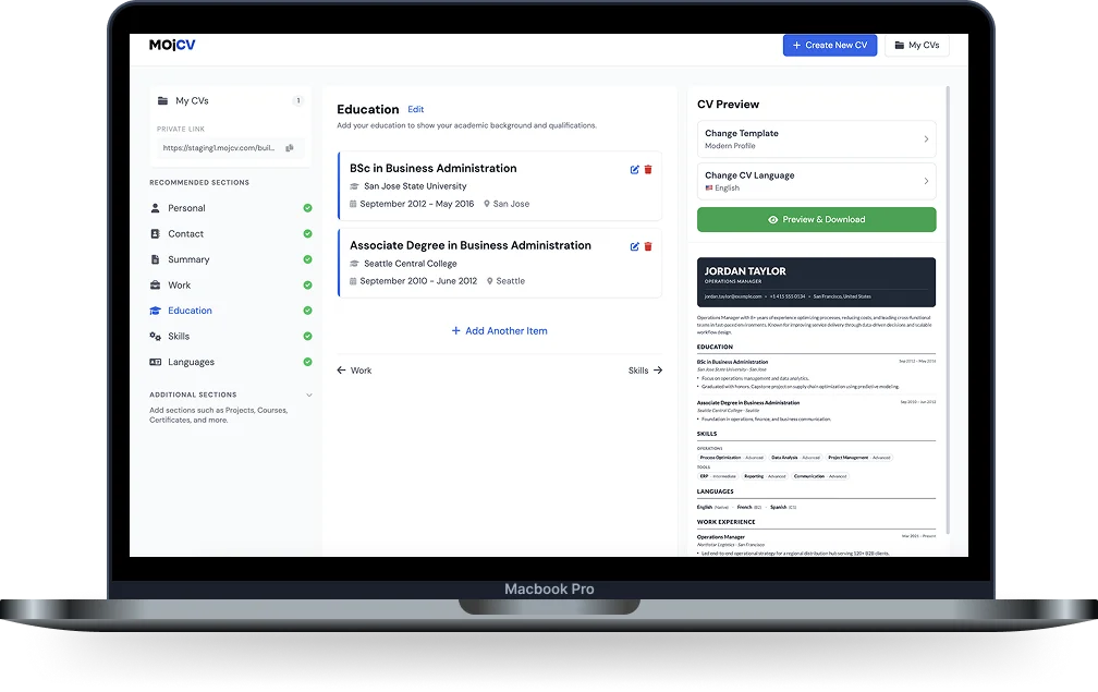 MojCV CV builder for people with no work experience - free, no account needed