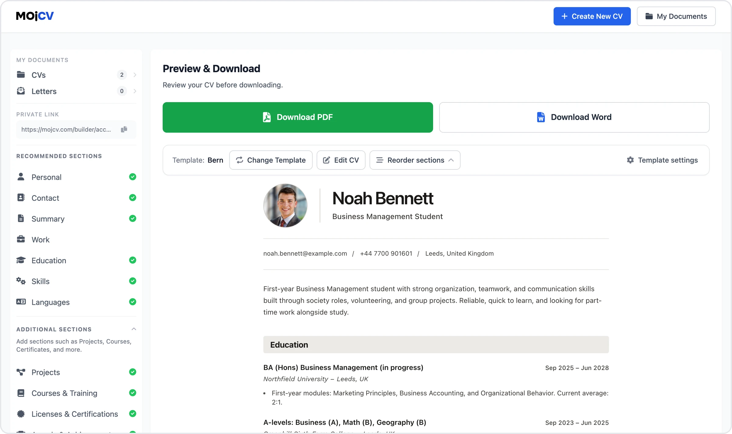 A MojCV CV preview with no work experience: the Work section is empty in the sidebar and the CV starts with Education