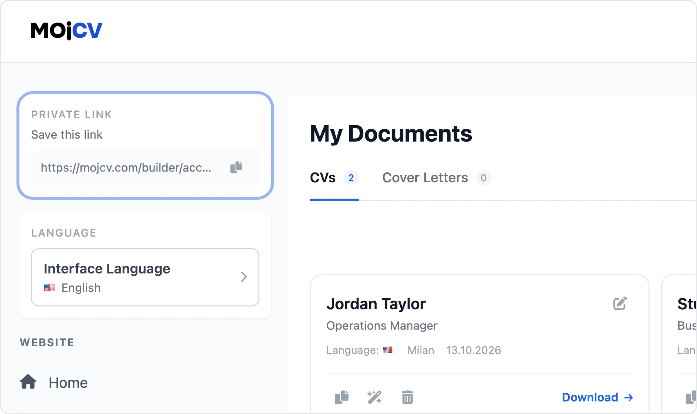 The private link box on the MojCV dashboard, where your CVs are kept behind a private link