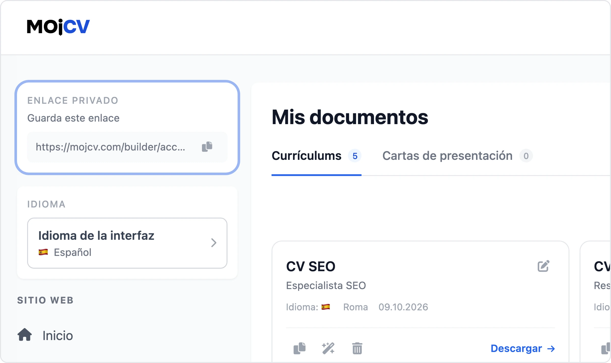 El panel Mis documentos de MojCV con el recuadro Enlace privado resaltado: Guarda este enlace, con la dirección y el botón para copiarla
