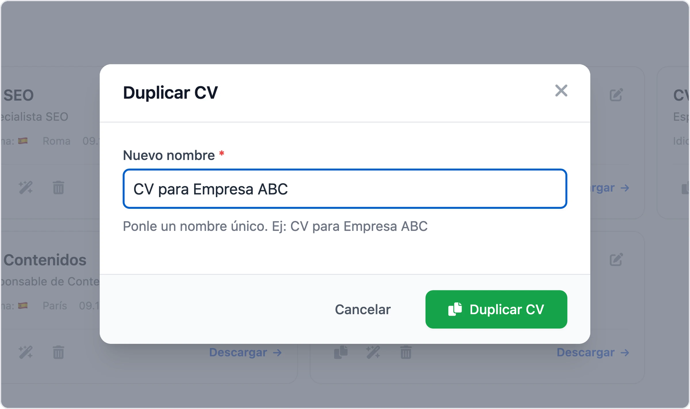 El cuadro Duplicar CV de MojCV sobre la página Mis documentos, con el nombre CV para Empresa ABC escrito en el campo Nuevo nombre