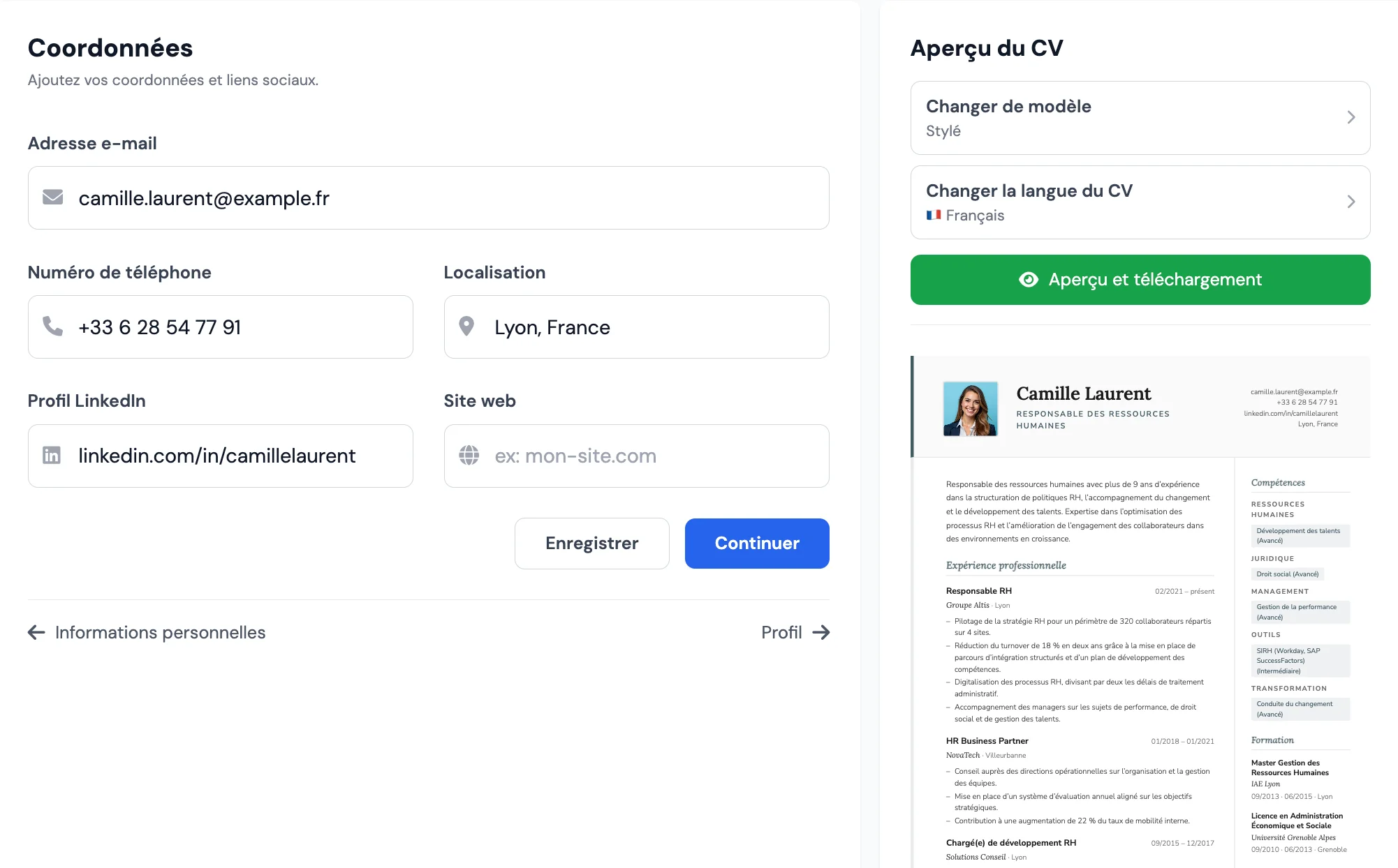 Rubrique informations personnelles et accroche professionnelle dans l’éditeur MojCV