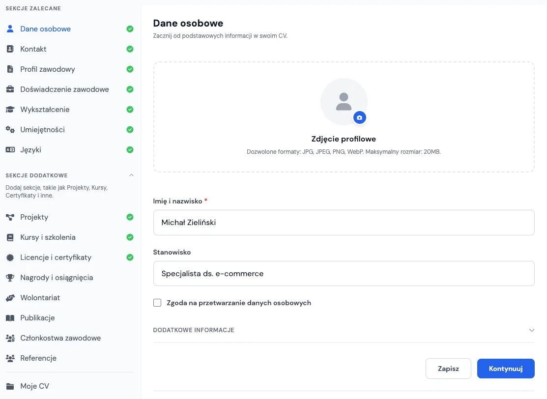 Sekcje Dane osobowe, Kontakt i Profil zawodowy w kreatorze CV online