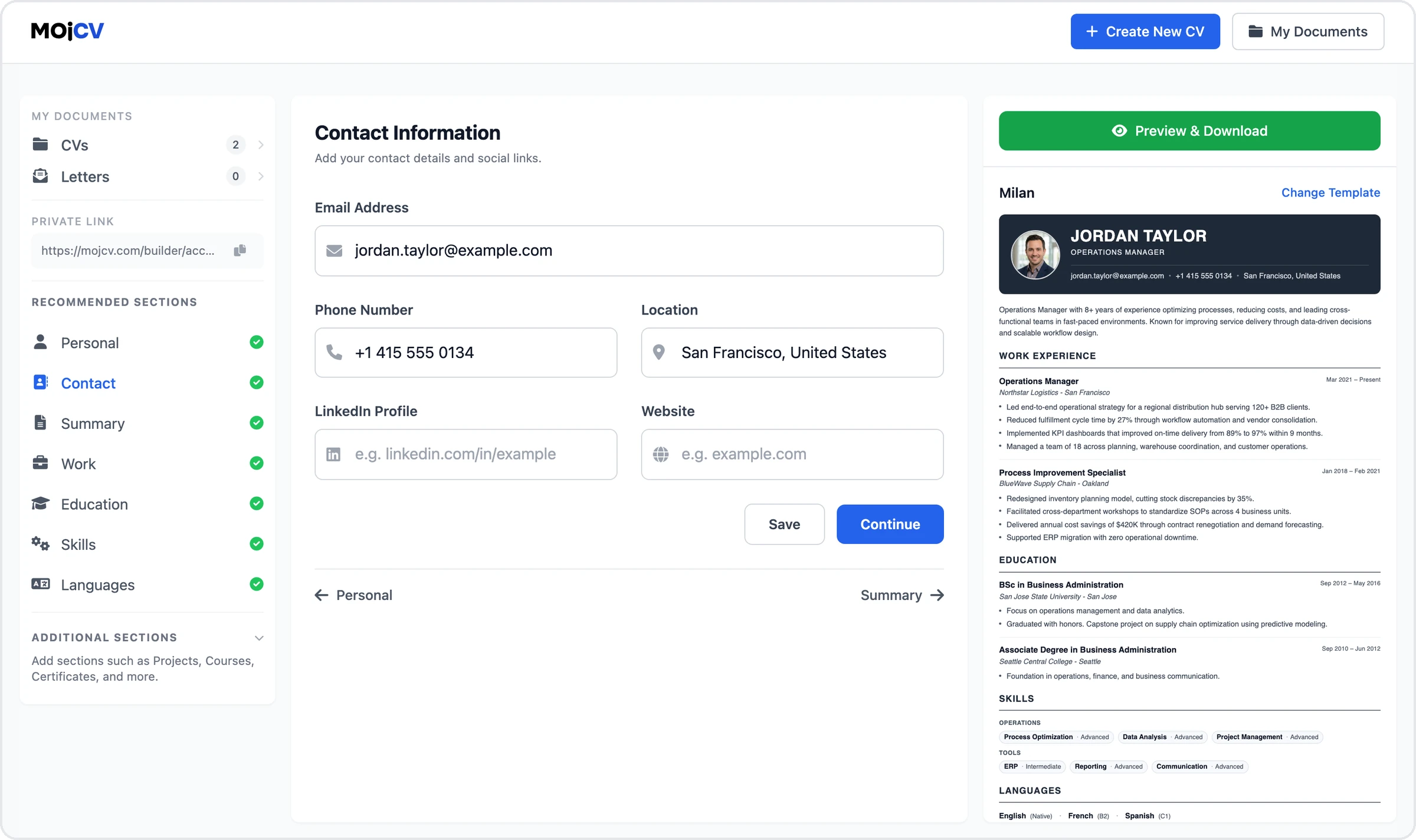 The Contact Information page in the MojCV builder, with optional email, phone, location, LinkedIn, and website fields