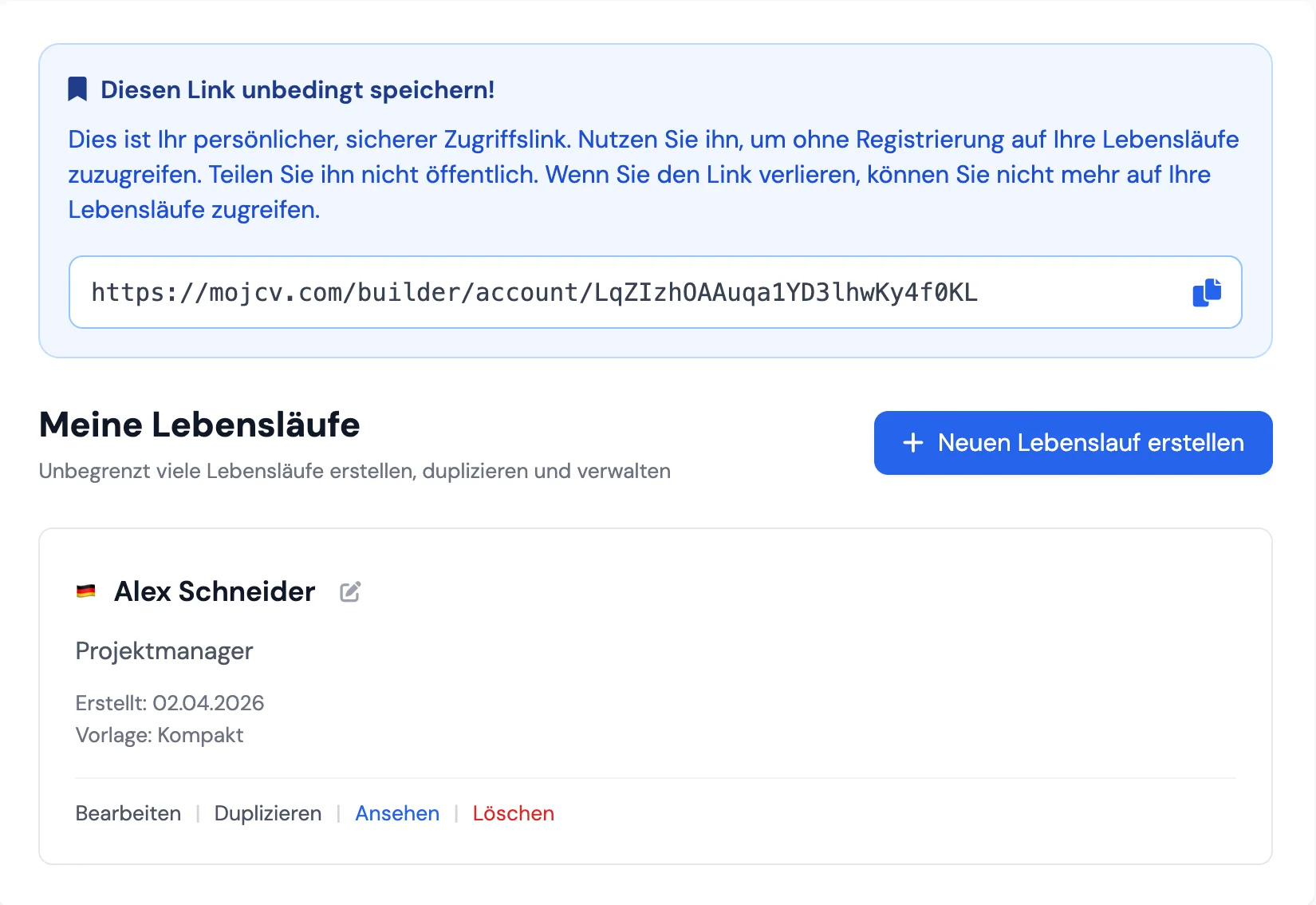 MojCV Dashboard, Lebenslauf gratis ohne Anmeldung erstellen, alle Funktionen inklusive