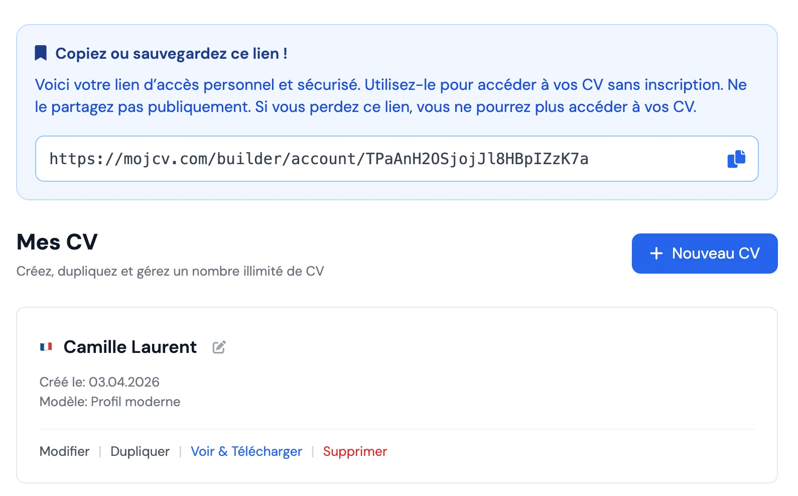 Tableau de bord MojCV, créateur de CV gratuit sans inscription avec toutes les fonctions incluses