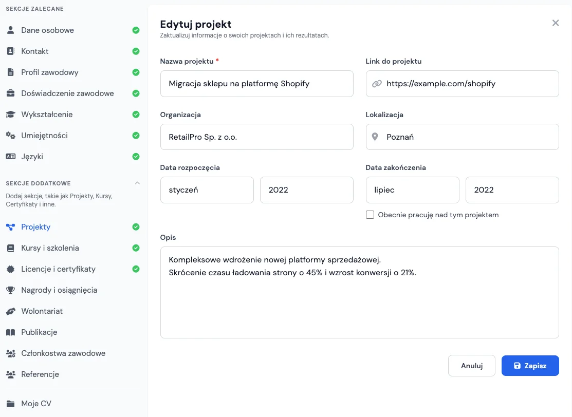 Sekcja projekty w kreatorze CV dla programistów i studentów