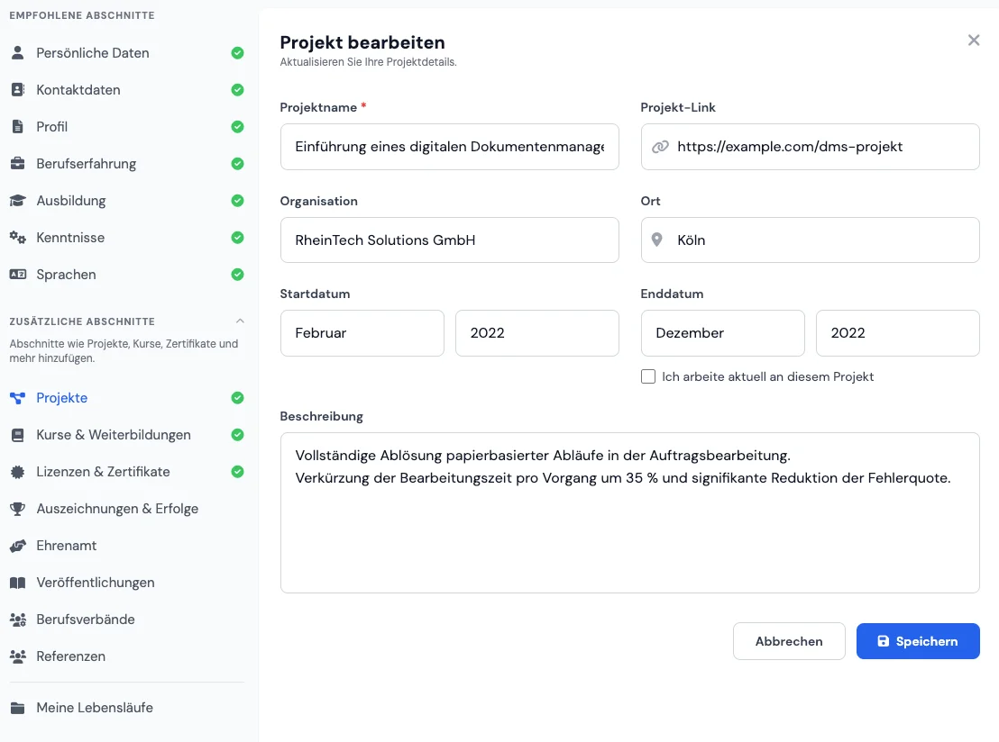 Projekte-Sektion im Lebenslauf-Editor für Entwickler und Studierende