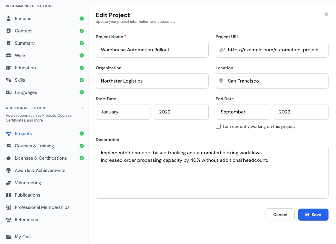 Projects section in a free CV builder for developers and students