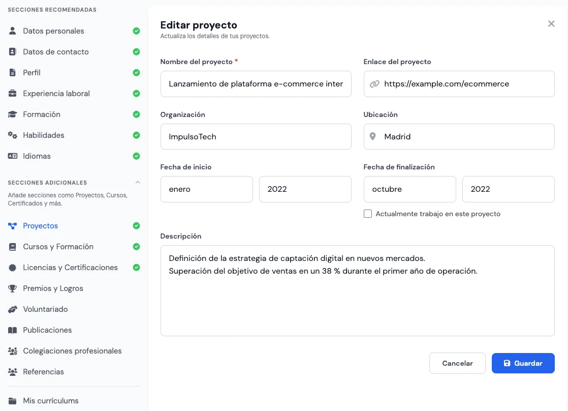 Sección proyectos en el creador de currículum para desarrolladores y estudiantes