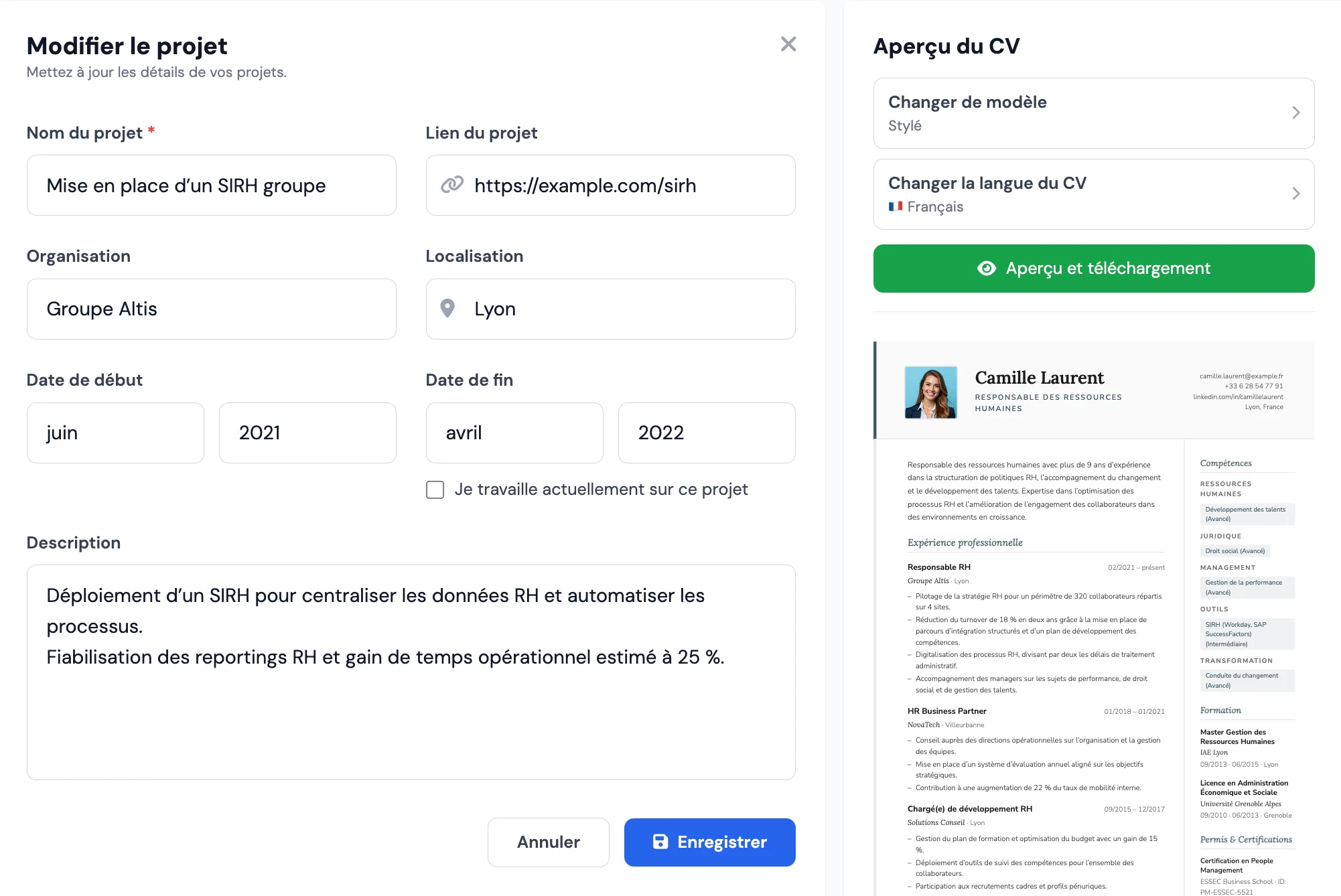 Rubrique projets dans le CV sur MojCV