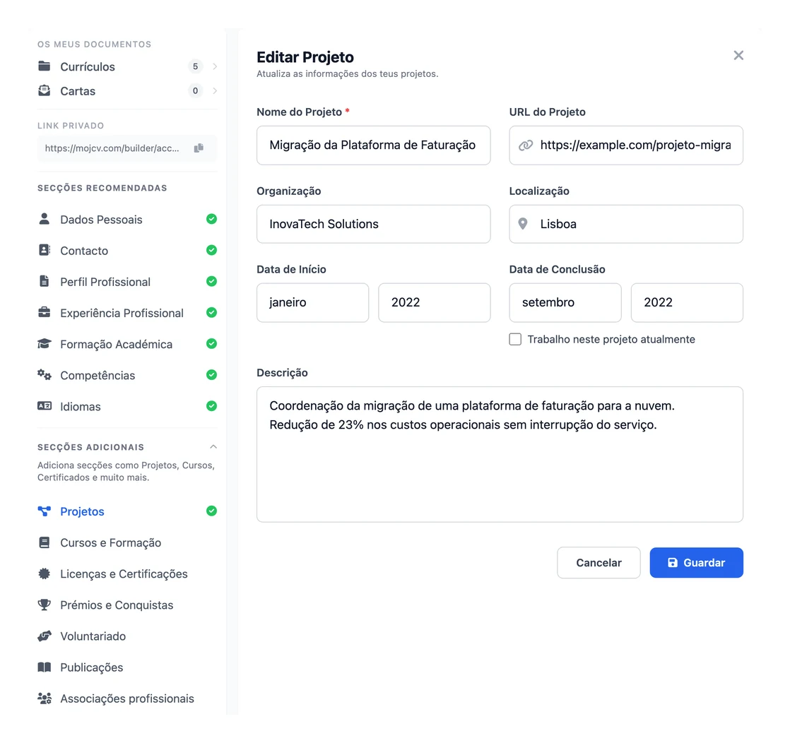 A secção Projetos no criador de CV para programadores e estudantes